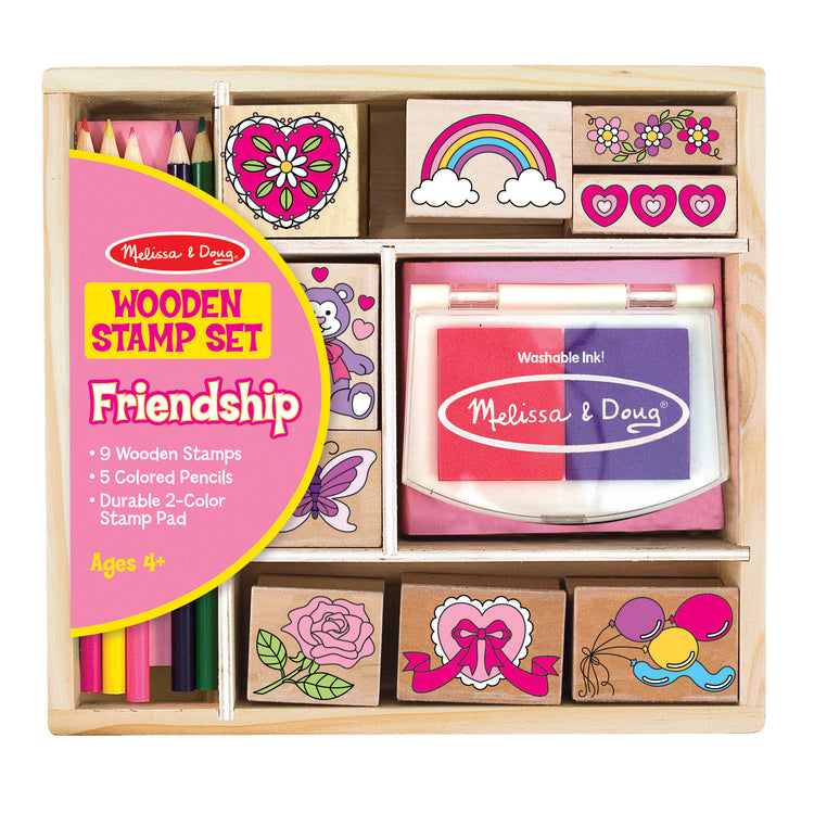 The front of the box for The Melissa & Doug Wooden Stamp Set: Friendship - 9 Stamps, 5 Colored Pencils, and 2-Color Stamp Pad