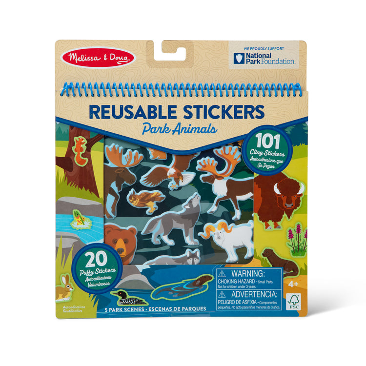 The front of the box for The Melissa & Doug National Parks Reusable Stickers Jumbo Pad: Park Animals - 5 Scenes, 121 Puffy and Cling Stickers