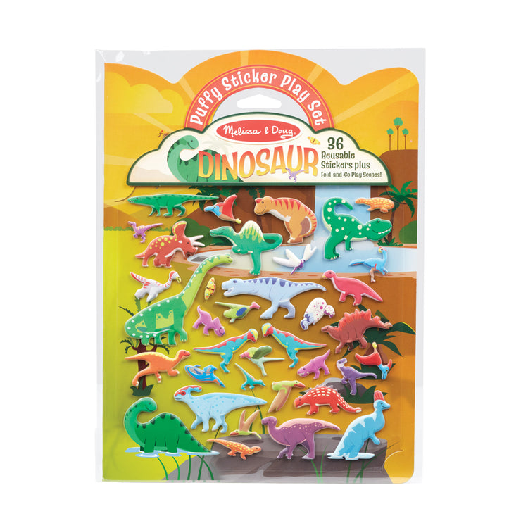 The front of the box for The Melissa & Doug Dinosaur Puffy Sticker Play Set Travel Toy with Double-Sided Background, 36 Reusable Puffy Stickers