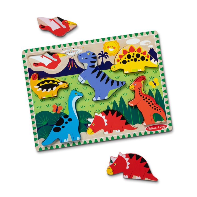 The loose pieces of The Melissa & Doug Dinosaur Wooden Chunky Puzzle (7 pcs)