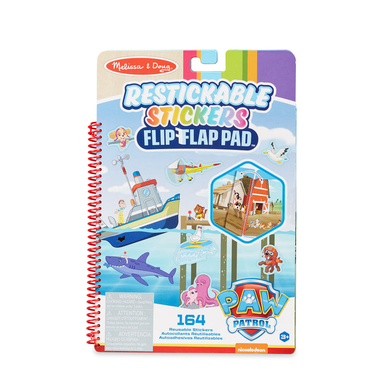 The front of the box for The Melissa & Doug PAW Patrol Restickable Stickers Flip-Flap Pad - Adventure Bay (164 Reusable Stickers)