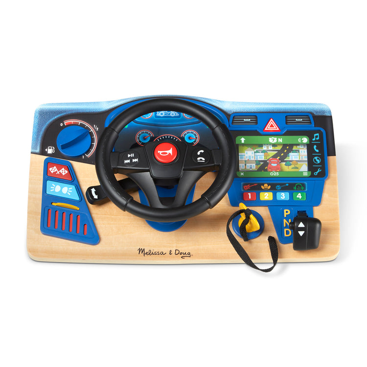 The loose pieces of The Melissa & Doug Vroom & Zoom Interactive Wooden Dashboard Steering Wheel Pretend Play Driving Toy