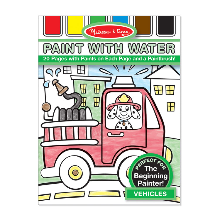 The front of the box for The Melissa & Doug Paint With Water - Vehicles, 20 Perforated Pages With Spillproof Palettes