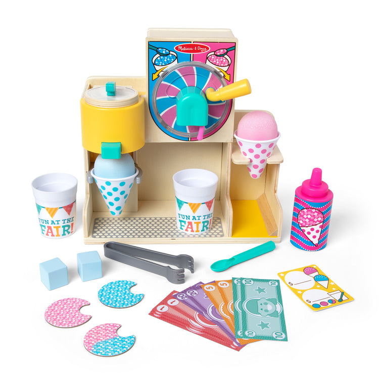 The loose pieces of The Melissa & Doug Fun at the Fair! Wooden Snow-Cone and Slushie Play Food Set