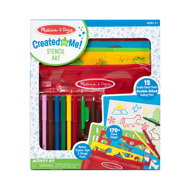 The front of the box for The Melissa & Doug Created by Me! Stencil Art Coloring Activity Kit in Storage Pouch -- 170+ Designs, 6 Markers, 2 Crayons, Paper