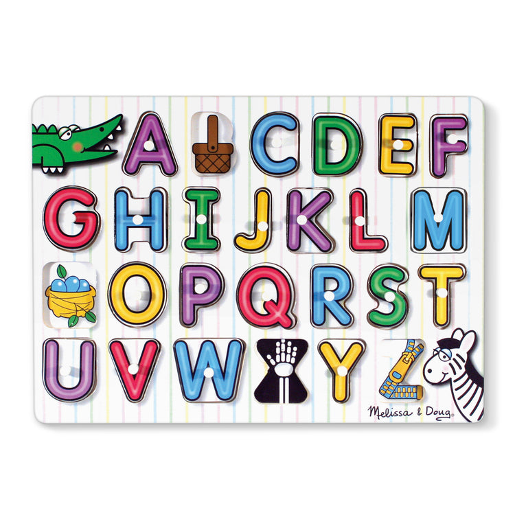 The loose pieces of The Melissa & Doug Lift & See Alphabet Wooden Peg Puzzle (26 pcs)