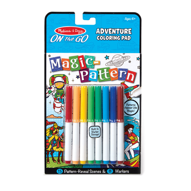 The front of the box for The Melissa & Doug Magic-Pattern Kids’ Adventure Marker Coloring Pad On the Go Travel Activity