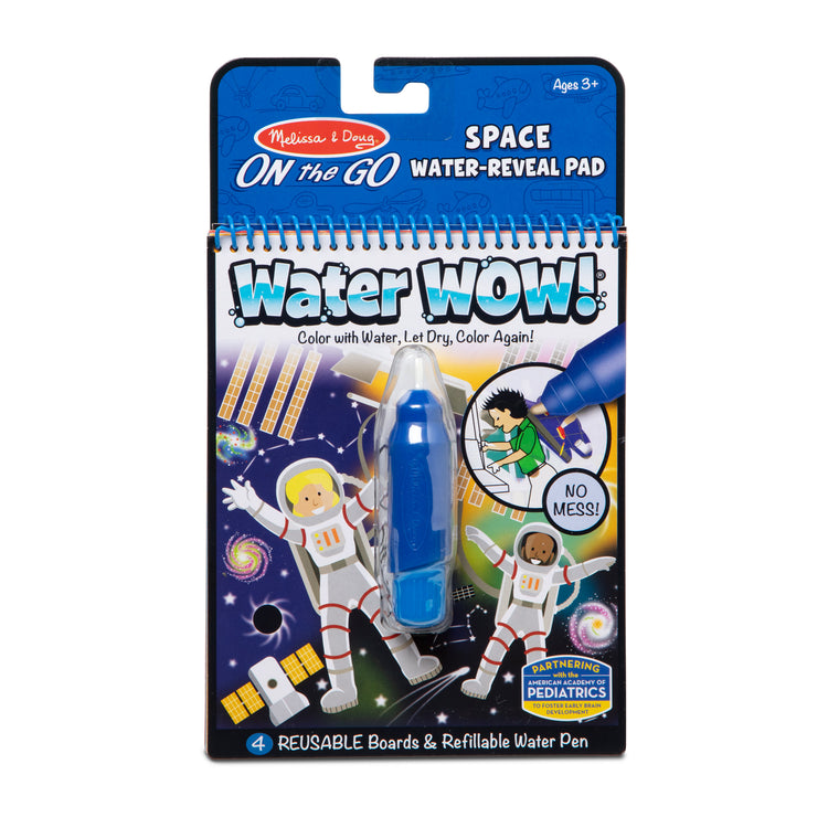 The front of the box for The Melissa & Doug On the Go Space Water Wow! Reusable Mess-Free Water-Reveal Activity Pad