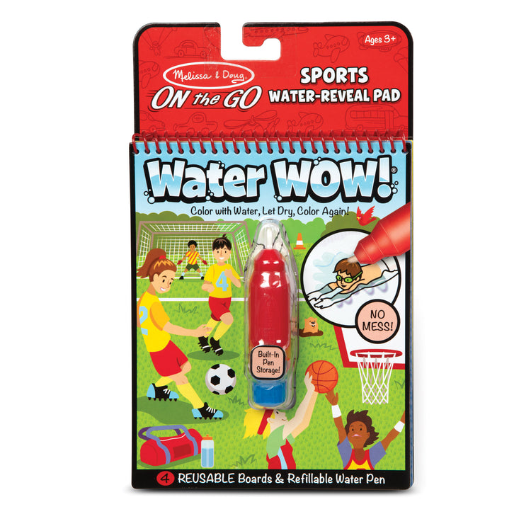 The front of the box for The Melissa & Doug On the Go Water Wow! Reusable Water-Reveal Coloring Activity Pad – Sports