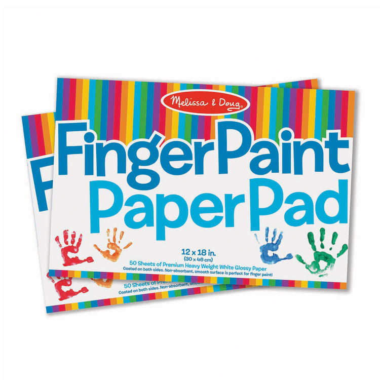 The front of the box for The Melissa & Doug Finger Paint Paper Pad (12 x 18 inches) - 50 Sheets, 2-Pack