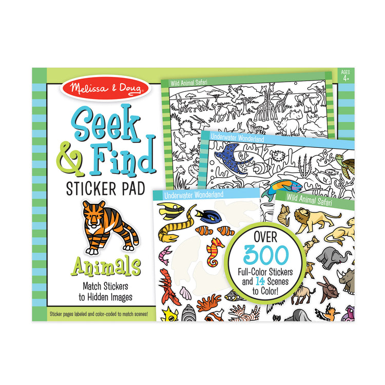 The front of the box for The Melissa & Doug Seek and Find Sticker Pad, Animals (400+ Stickers, 14 Scenes to Color)