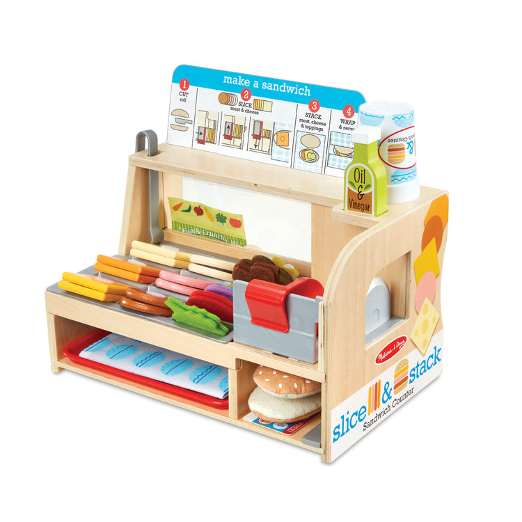 An assembled or decorated image of The Melissa & Doug Wooden Slice & Stack Sandwich Counter with Deli Slicer – 56-Piece Pretend Play Food Pieces