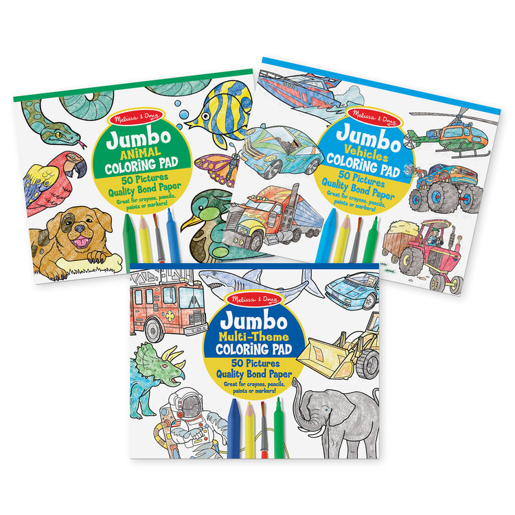  The Melissa & Doug Jumbo 50-Page Kids' Coloring Pads 3-Pack - Animals, Vehicles, and Multi-Themed