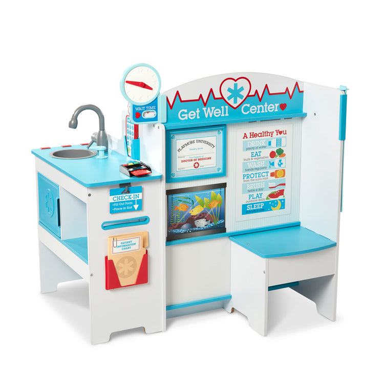 The loose pieces of The Melissa & Doug Wooden Get Well Doctor Activity Center - Waiting Room, Exam Room, Check-In Area