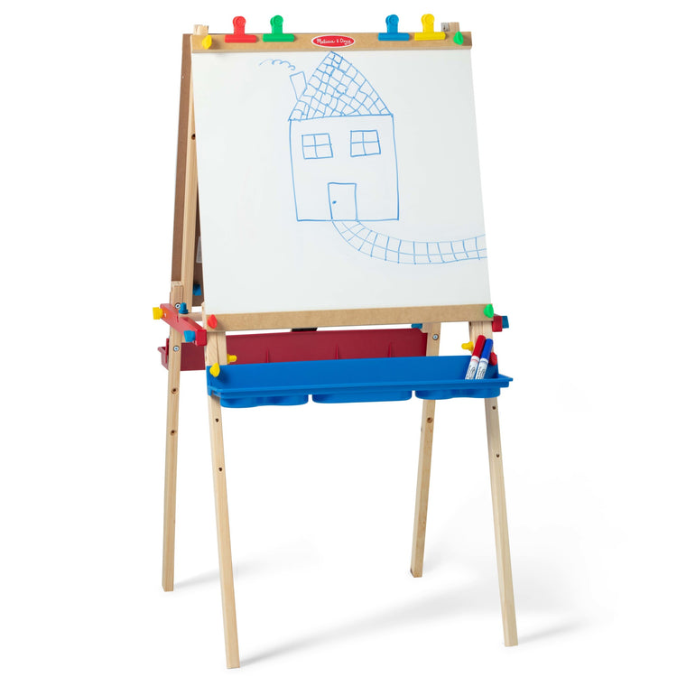 An assembled or decorated image of The Melissa & Doug Deluxe Standing Art Easel - Dry-Erase Board, Chalkboard, Paper Roller