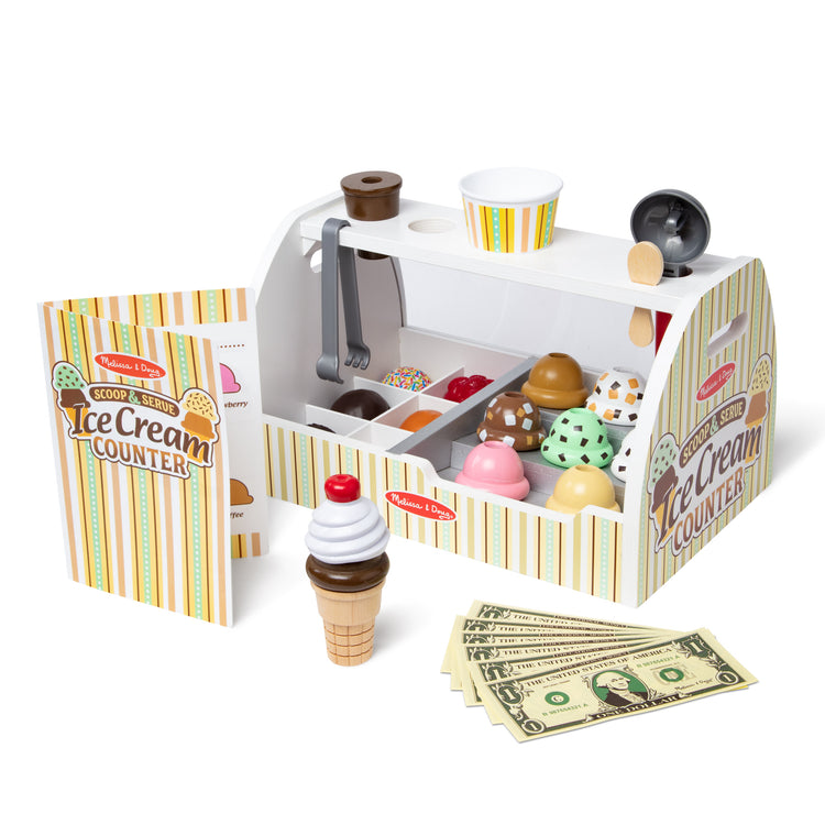 The loose pieces of The Melissa & Doug Wooden Scoop and Serve Ice Cream Counter (28 pcs) - Play Food and Accessories