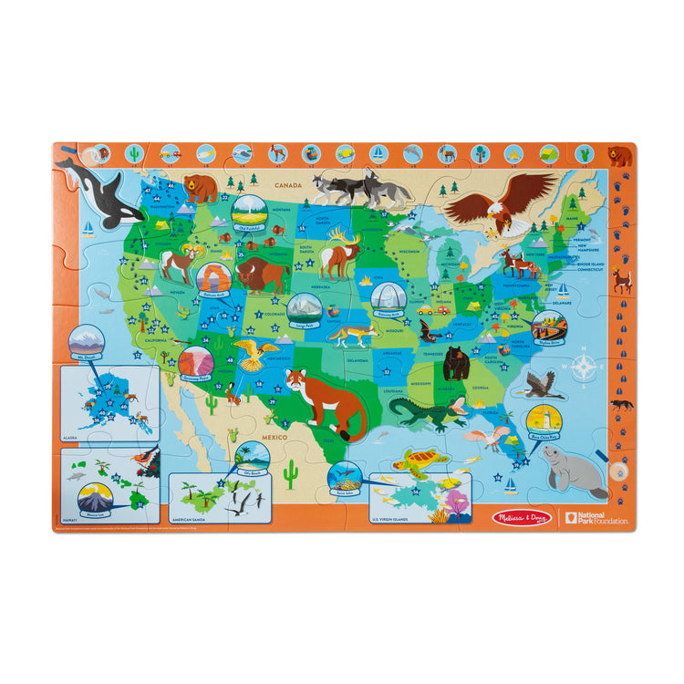 The loose pieces of The Melissa & Doug National Parks U.S.A. Map Floor Puzzle – 45 Jumbo and Animal Shaped Pieces, Search-and-Find Activities, Park and Animal ID Guide