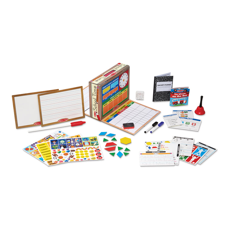 The loose pieces of The Melissa & Doug School Time! Classroom Play Set Game - Be Teacher or Student