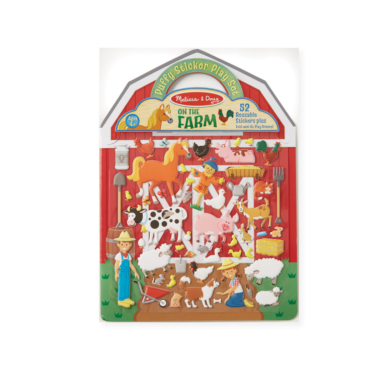 The front of the box for The Melissa & Doug Puffy Sticker Play Set - On the Farm - 52 Reusable Stickers, 2 Fold-Out Scenes