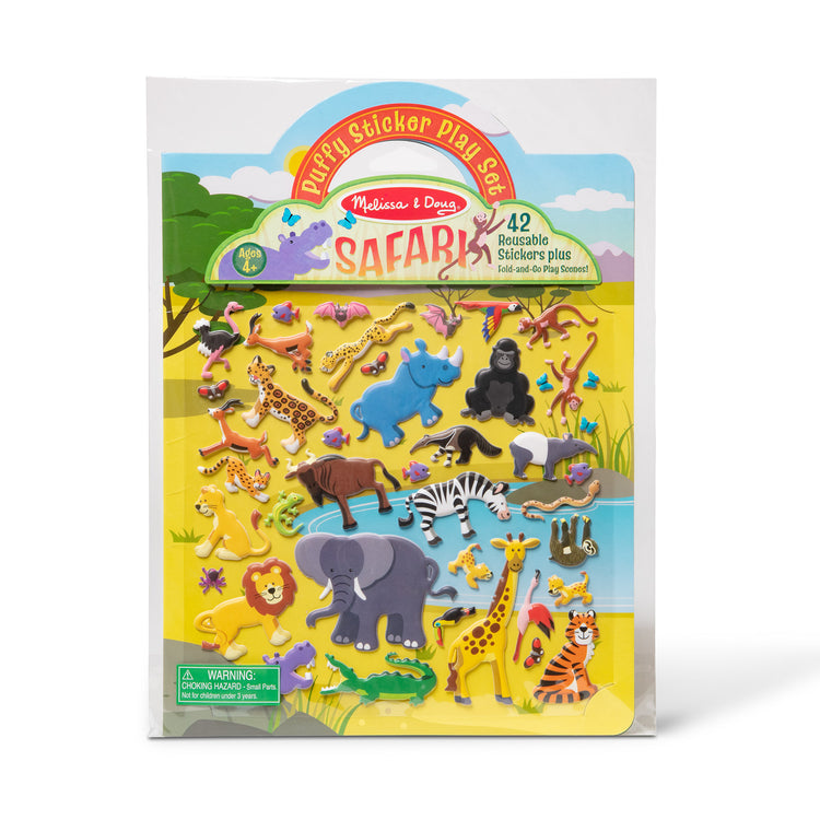 The front of the box for The Melissa & Doug Puffy Sticker Play Set: Safari - 42 Reusable Stickers