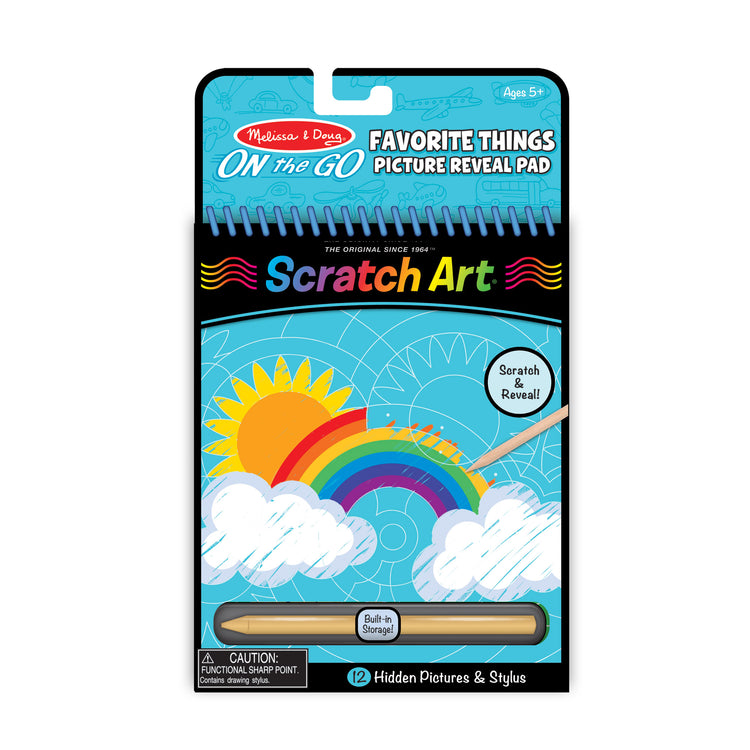 The front of the box for The Melissa & Doug On the Go Scratch Art Hidden-Picture Pad - Favorite Things