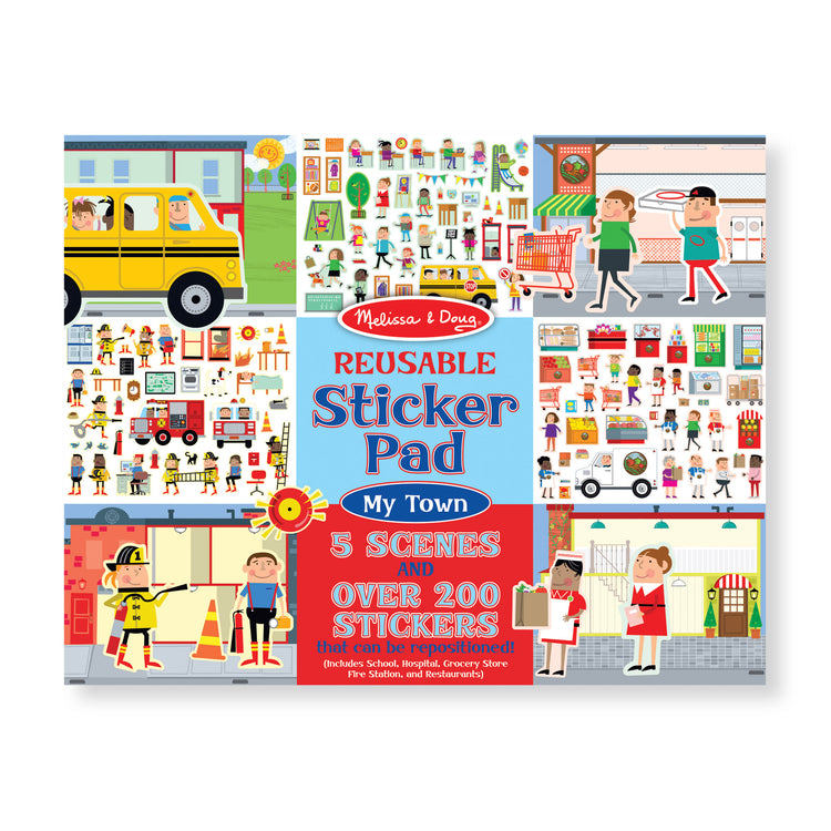 The front of the box for The Melissa & Doug Reusable Sticker Pad: My Town - 200+ Stickers and 5 Scenes