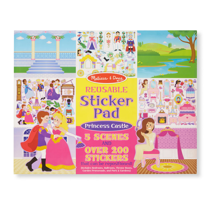 The front of the box for The Melissa & Doug Reusable Sticker Pad: Princess Castle - 200+ Stickers and 5 Scenes