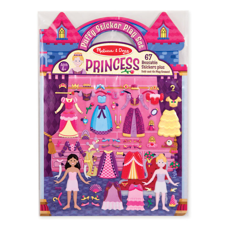 The front of the box for The Melissa & Doug Puffy Sticker Set: Princess - 67 Reusable Stickers
