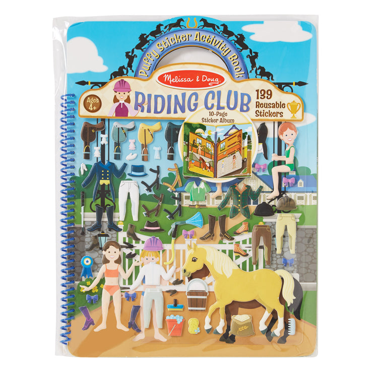 The front of the box for The Melissa & Doug Puffy Sticker Activity Book: Riding Club - 139 Reusable Stickers