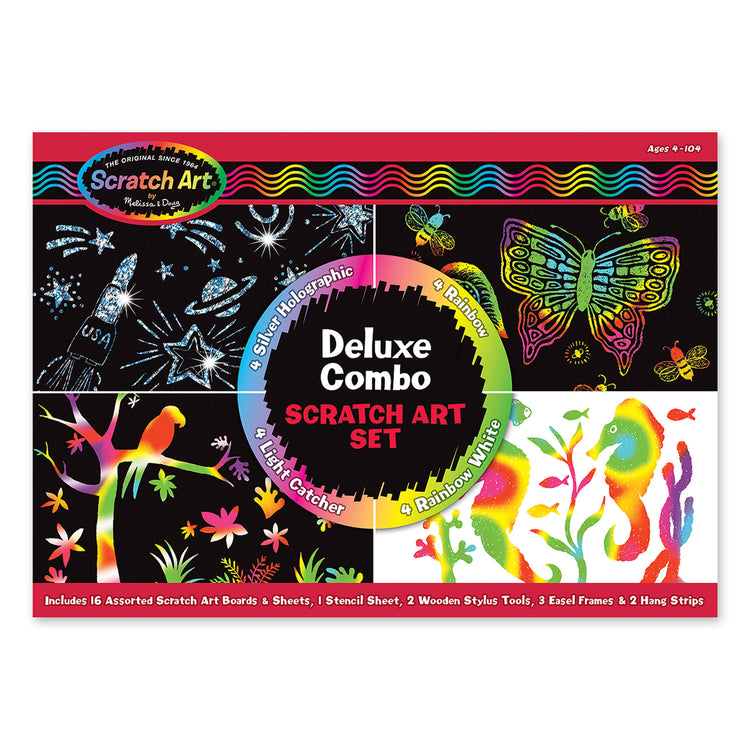 The front of the box for The Melissa & Doug Deluxe Combo Scratch Art Set: 16 Boards, 2 Stylus Tools, 3 Frames