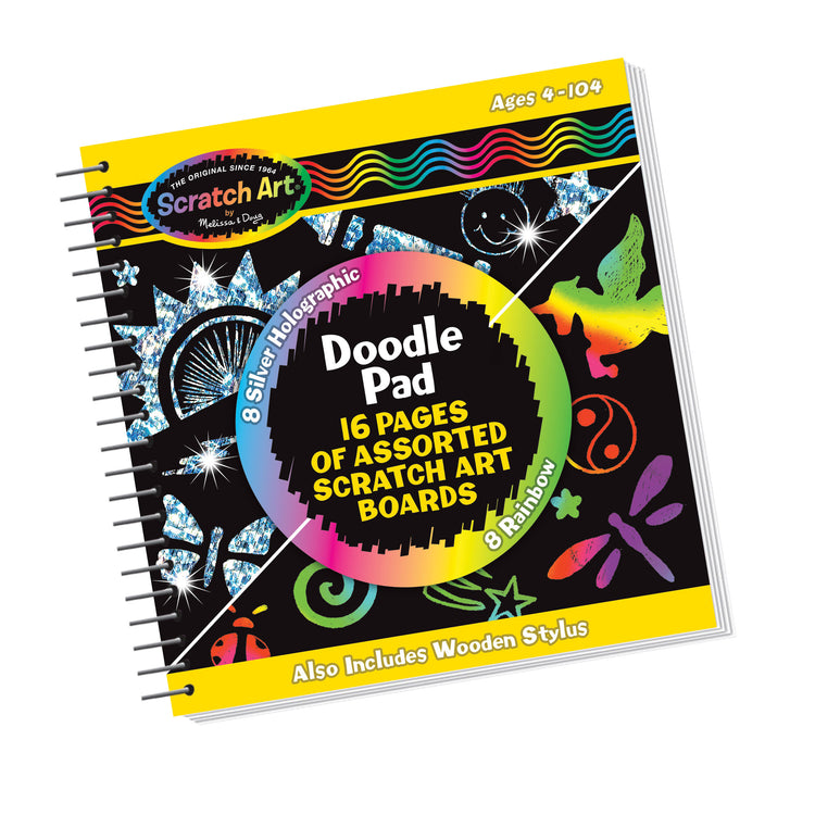 The front of the box for The Melissa & Doug Scratch Art Doodle Pad With 16 Scratch-Art Boards and Wooden Stylus