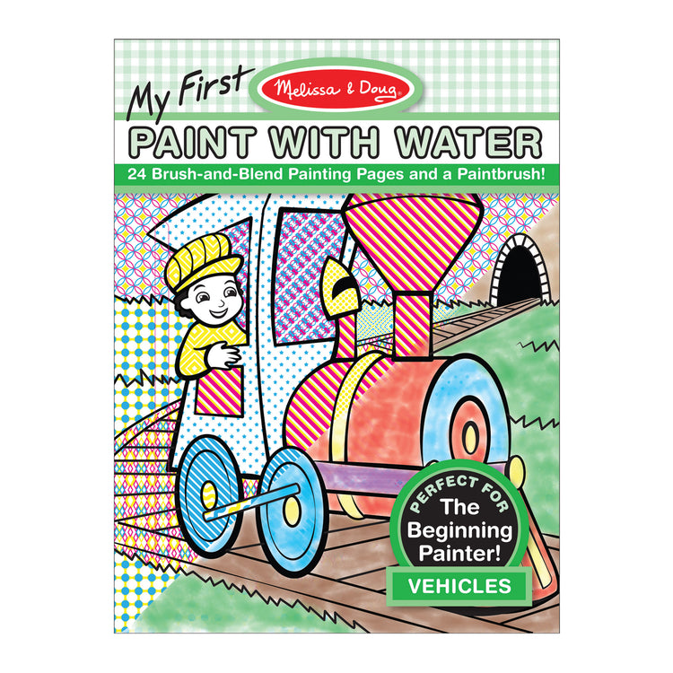 The front of the box for The Melissa & Doug My First Paint With Water Coloring Book - Vehicles (24 Painting Pages)