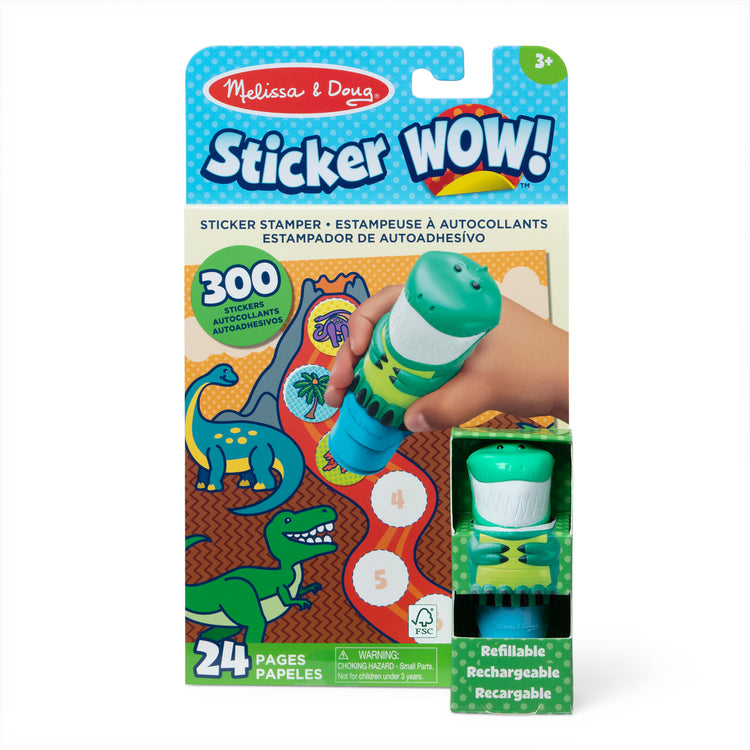 The front of the box for The Melissa & Doug Sticker WOW!™ 24-Page Activity Pad and Sticker Stamper, 300 Stickers, Arts and Crafts Fidget Toy Collectible Character – Dinosaur