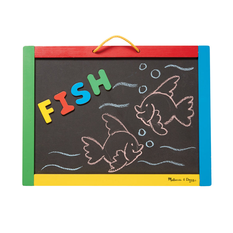 An assembled or decorated image of The Melissa & Doug Magnetic Chalkboard and Dry-Erase Board With 36 Magnets (Numbers and Uppercase Letters), Chalk, Eraser, and Dry-Erase Pen