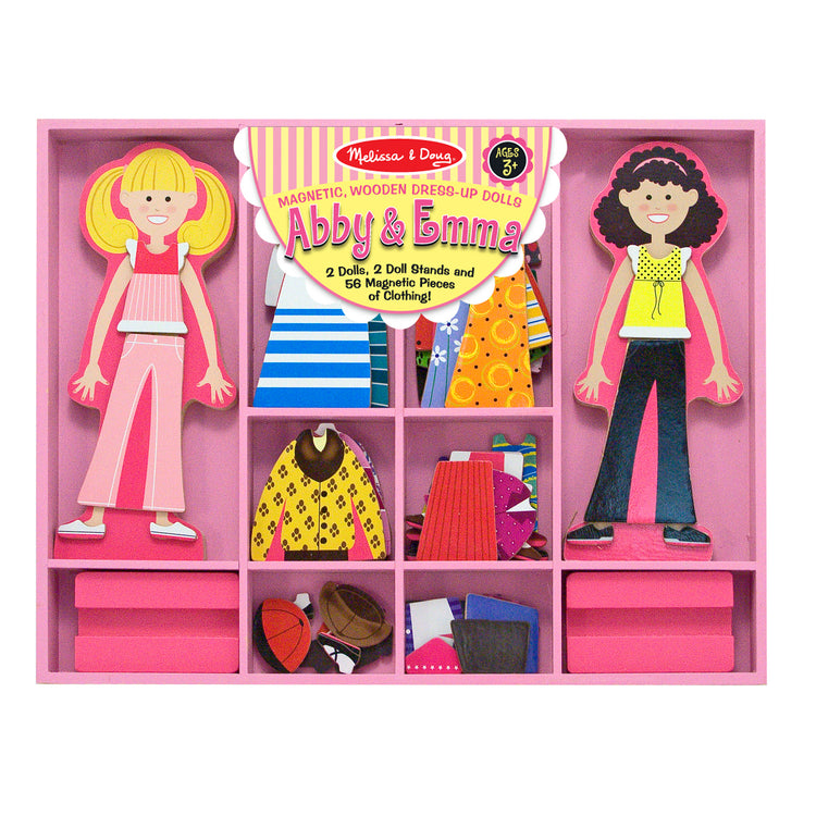 The front of the box for The Melissa & Doug Abby and Emma Deluxe Magnetic Wooden Dress-Up Dolls Play Set (55+ pcs)