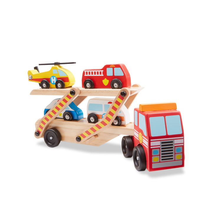 An assembled or decorated image of The Melissa & Doug Wooden Emergency Vehicle Carrier Truck With 1 Truck and 4 Rescue Vehicles