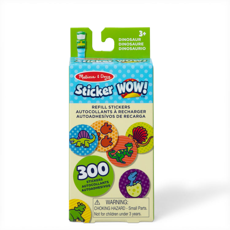 The front of the box for The Melissa & Doug Sticker WOW!™ 300+ Refill Stickers for Sticker Stamper Arts and Crafts Fidget Toy Collectibles – Dinosaur Prehistoric Theme, Assorted (Stickers Only)