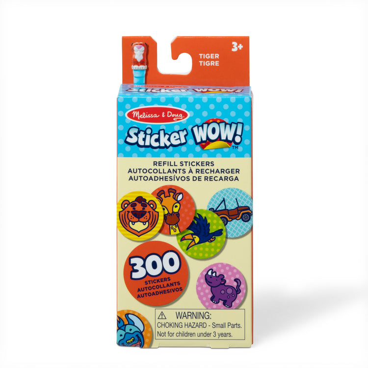 The front of the box for The Melissa & Doug Sticker WOW!™ 300+ Refill Stickers for Sticker Stamper Arts and Crafts Fidget Toy Collectibles – Tiger Safari Theme, Assorted (Stickers Only)