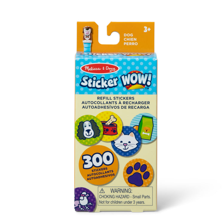 The front of the box for The Melissa & Doug Sticker WOW!™ 300+ Refill Stickers for Sticker Stamper Arts and Crafts Fidget Toy Collectibles – Dog Pets Theme, Assorted (Stickers Only)