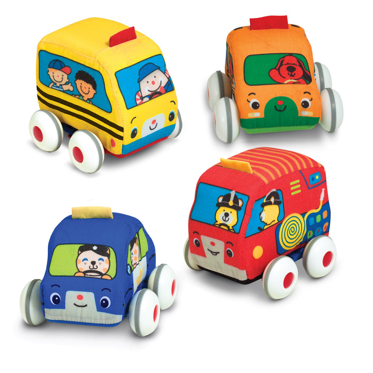 The loose pieces of The Melissa & Doug K's Kids Pull-Back Vehicle Set - Soft Baby Toy Set With 4 Cars and Trucks and Carrying Case