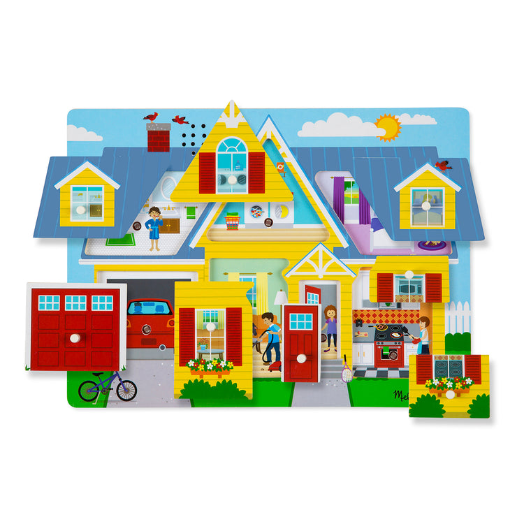 The loose pieces of The Melissa & Doug Around the House Sound Puzzle - Wooden Peg Puzzle (8 pcs)