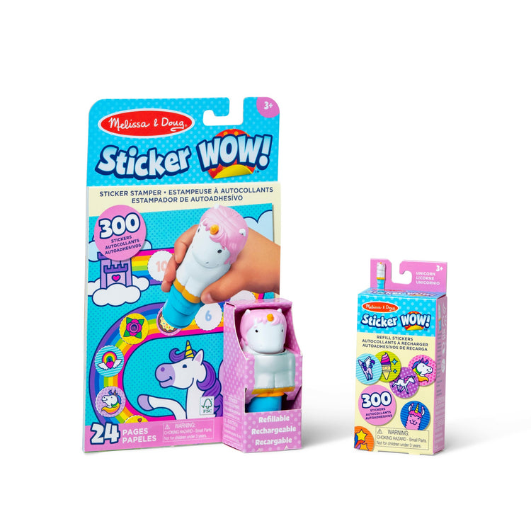 The front of the box for The Melissa & Doug Sticker WOW!™ Unicorn Bundle: Sticker Stamper, 24-Page Activity Pad, 600 Total Stickers, Arts and Crafts Fidget Toy Collectible Character