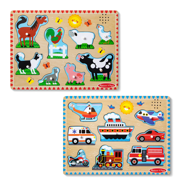  The Melissa & Doug Wooden Sound Puzzle 2-Pack for Toddler and Preschool Boys and Girls – Farm Animals, Vehicles
