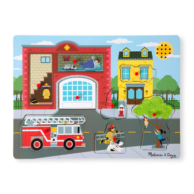 An assembled or decorated image of The Melissa & Doug Around the Fire Station Sound Puzzle - Wooden Peg Puzzle (8 pcs)