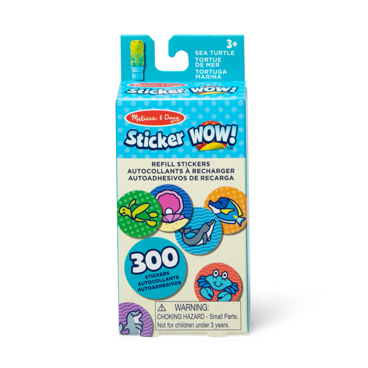 The front of the box for The Melissa & Doug Sticker WOW!™ 300+ Refill Stickers for Sticker Stamper Arts and Crafts Fidget Toy Collectibles – Sea Turtle Ocean Theme, Assorted (Stickers Only)