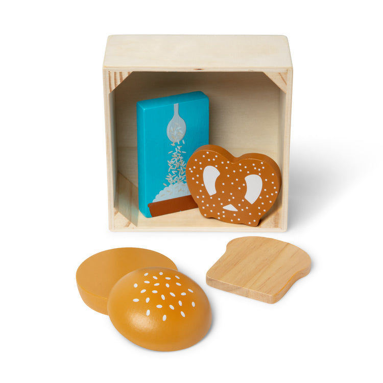 The loose pieces of The Melissa & Doug Wooden Food Groups Play Food Set – Grains