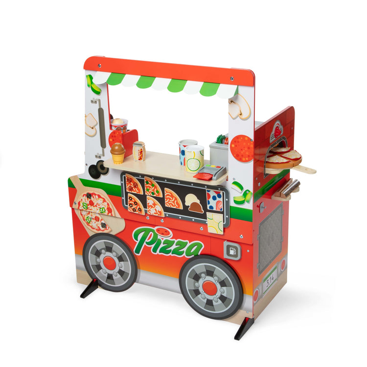 An assembled or decorated image of The Melissa & Doug Wooden Pizza Food Truck Activity Center with Play Food, for Boys and Girls 3+