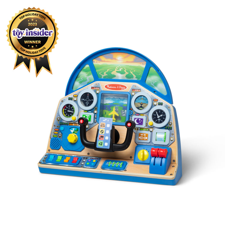 The loose pieces of The Melissa & Doug Jet Pilot Interactive Dashboard Wooden Toy for Boys and Girls Ages 3+