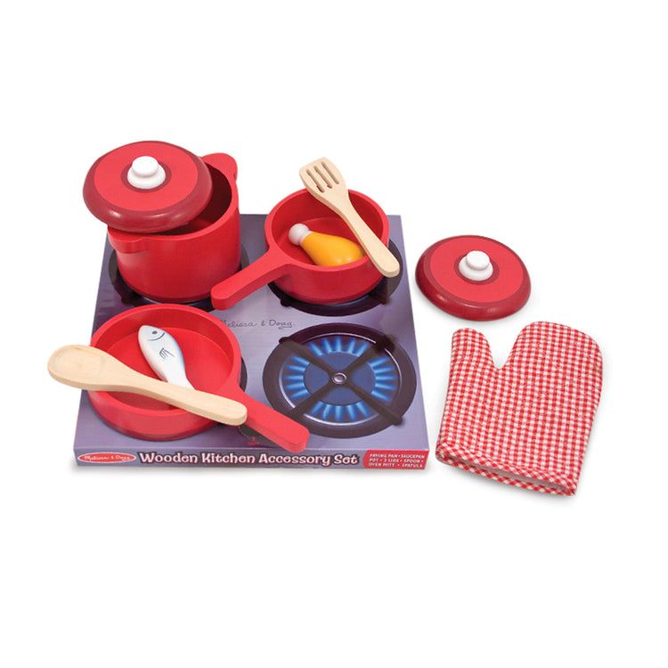 The loose pieces of The Melissa & Doug Deluxe Wooden Kitchen Accessory Play Set - Pots & Pans (8 pcs)