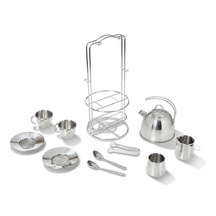 The loose pieces of The Melissa & Doug Stainless Steel Pretend Play Tea Set with Storage Rack for Kids (11 pcs)
